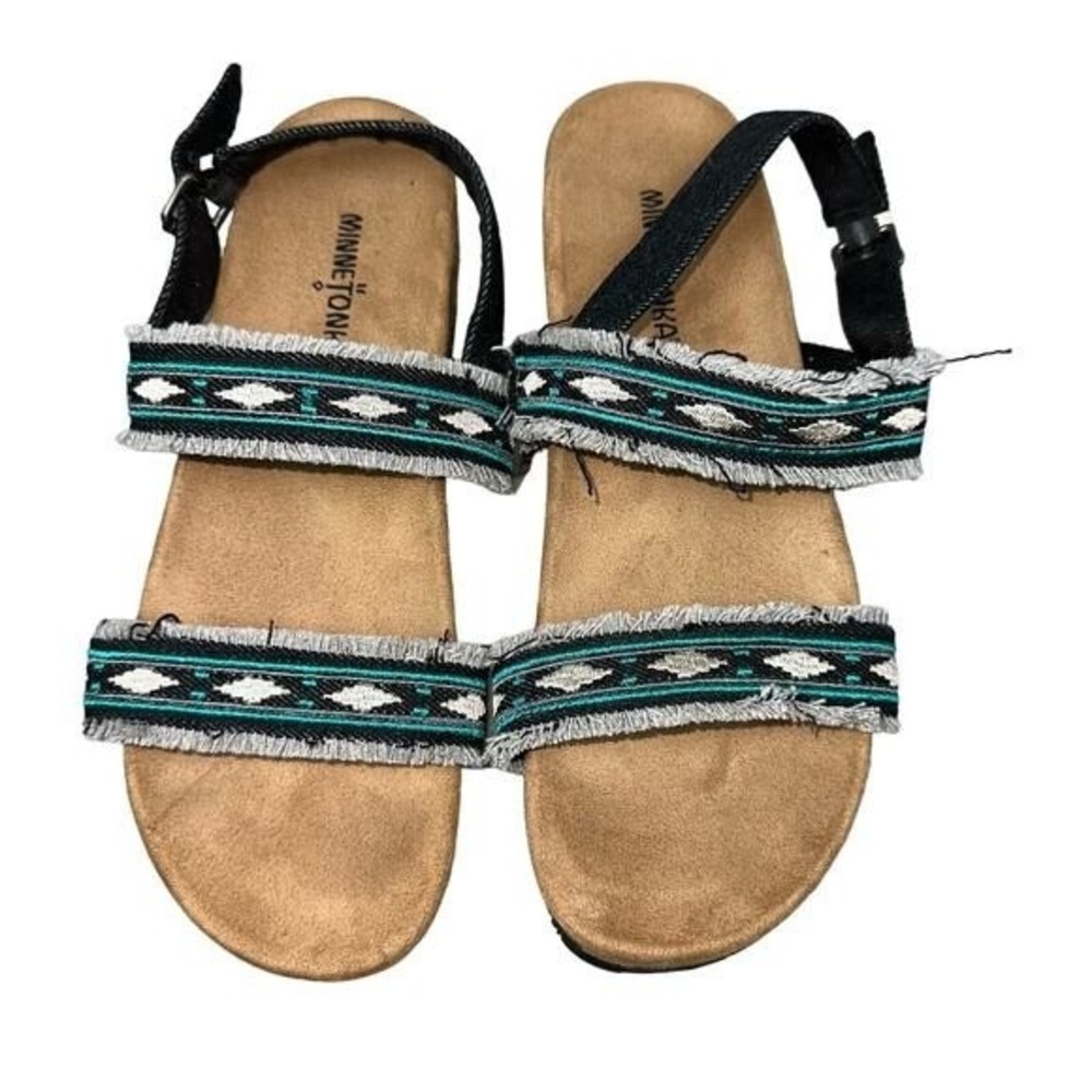 Minnetonka Melody Slingback Sandals Womens 10 Black Teal Good 74003 BKD